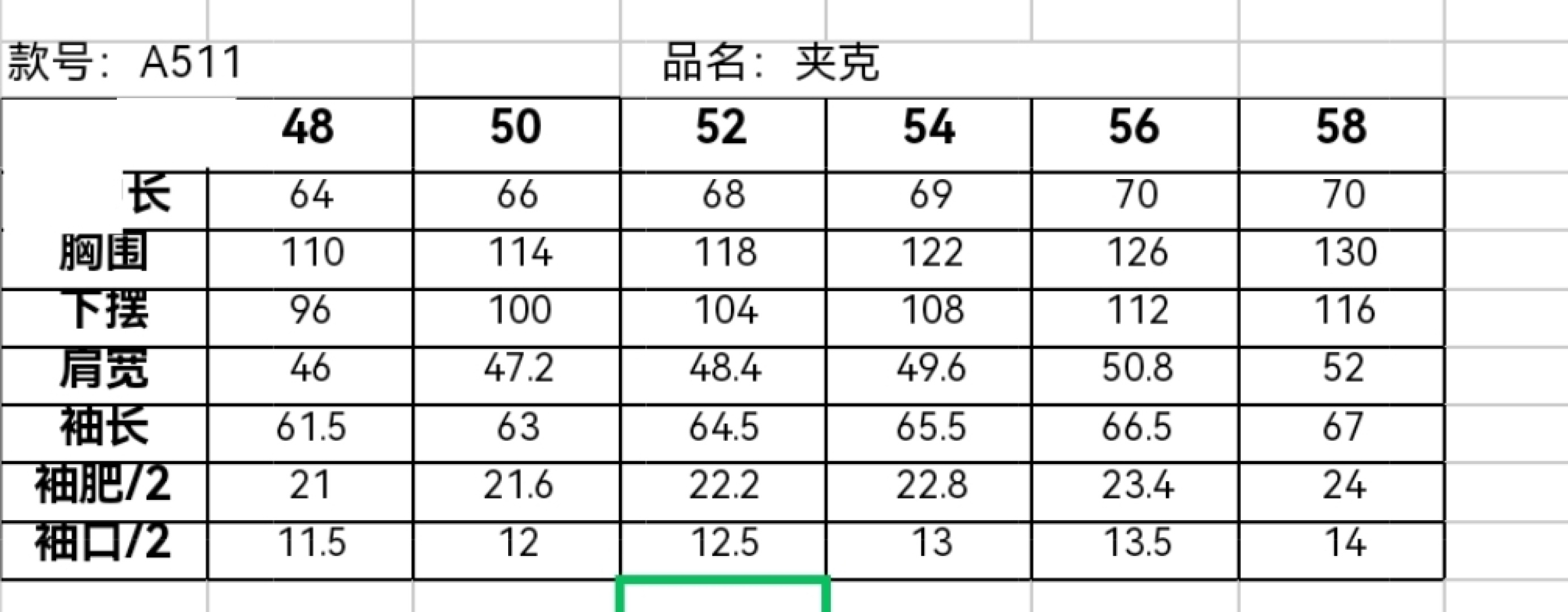 /套 杰尼亚套装尺寸表……A511