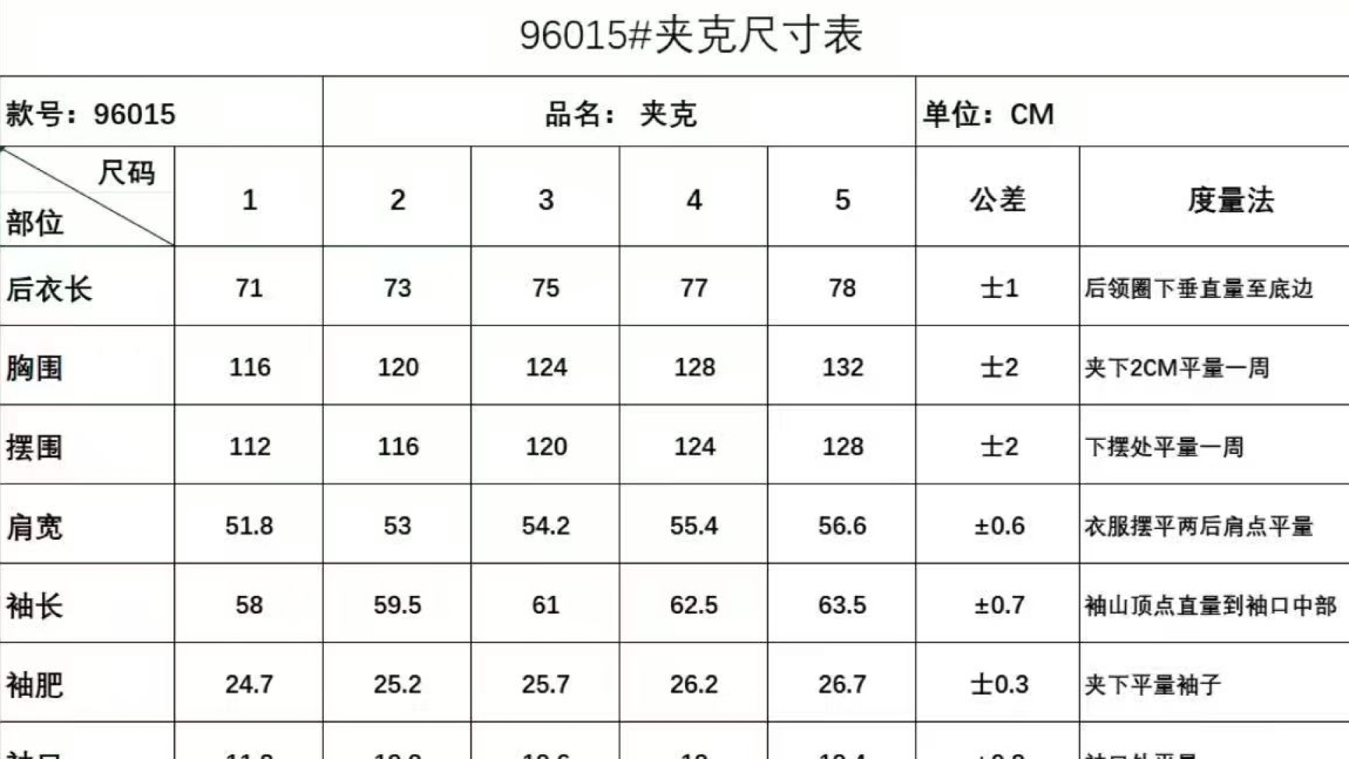 Gucci翻领夹克尺寸表……96015