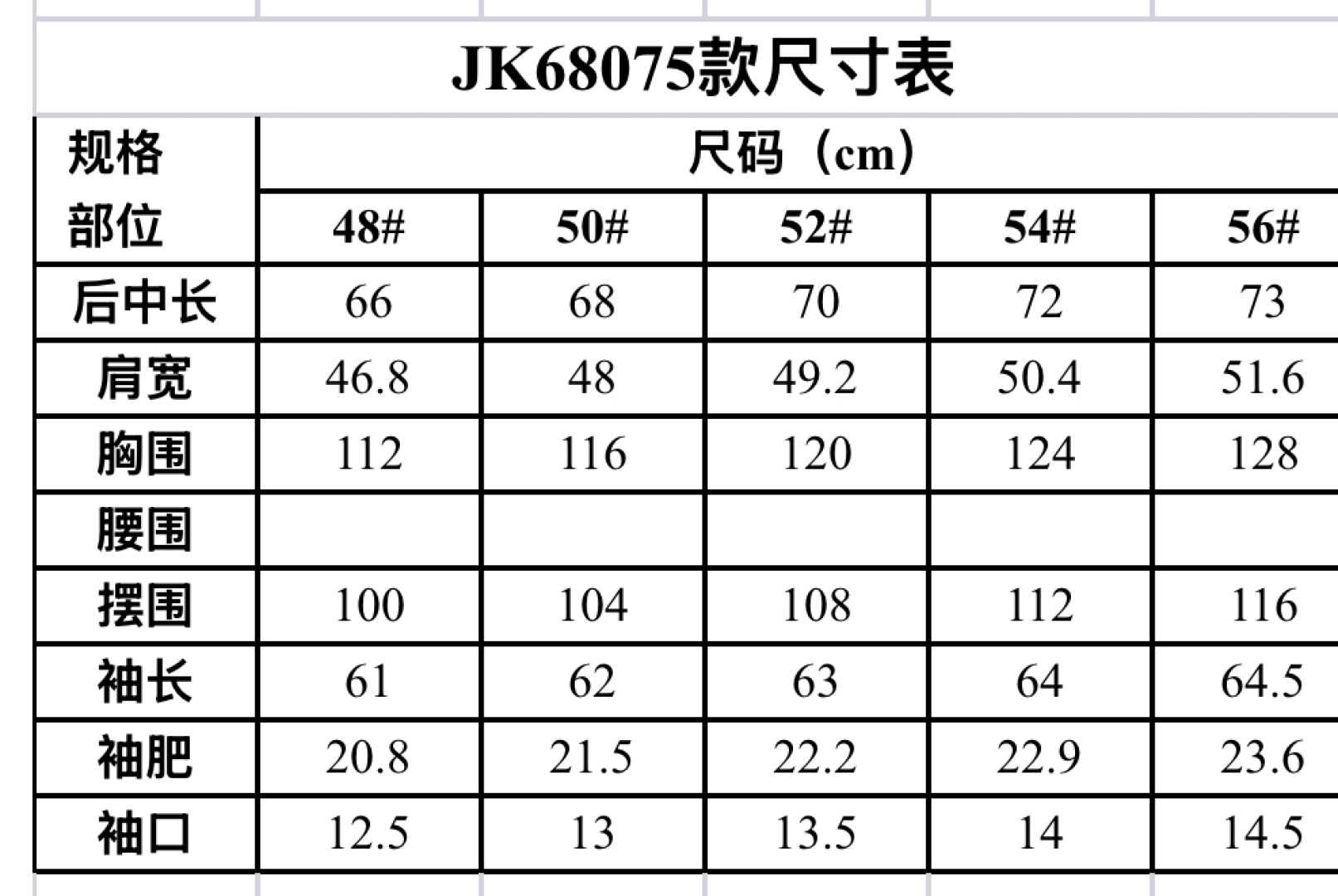 Loro piana翻领夹克尺寸表…JK68075