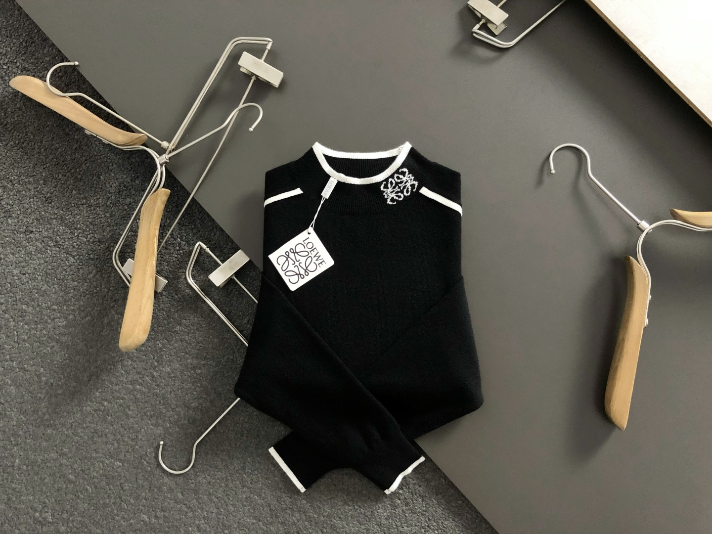 Loewe Men's Black Wool Sweater with White Trim and Logo Detail