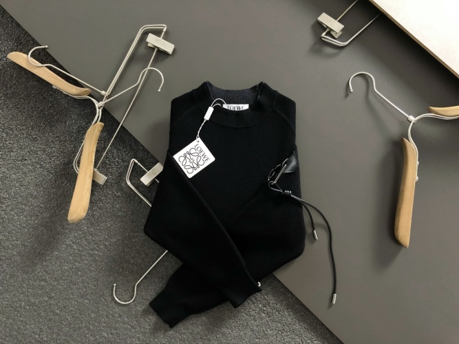 Loewe Men's Black Wool Sweater with Leather Detail | Fall/Winter Collection 1 Loewe Men's Black Wool Sweater with Leather Detail | Fall/Winter Collection