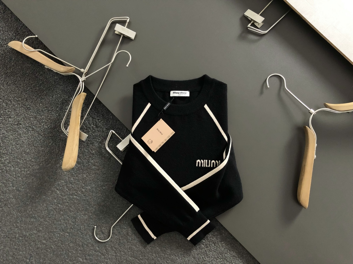 Miu Miu Men's Black Wool Sweater with White Intarsia Logo