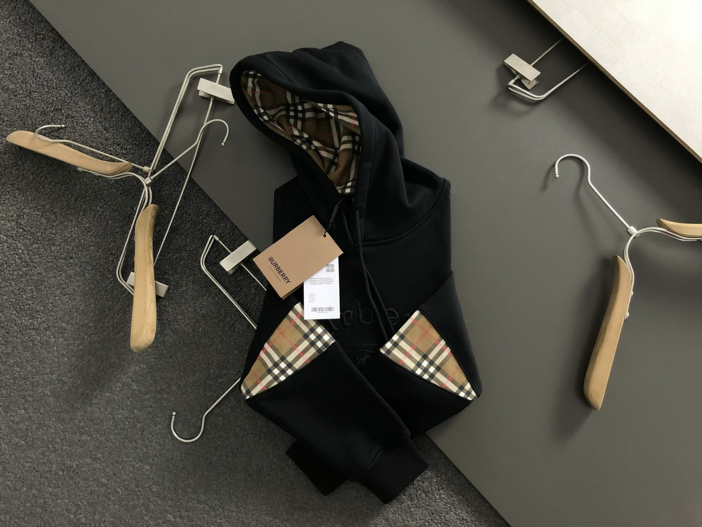 Burberry Men's Black Hoodie with Classic Check Sleeve Patches - M to XXXL