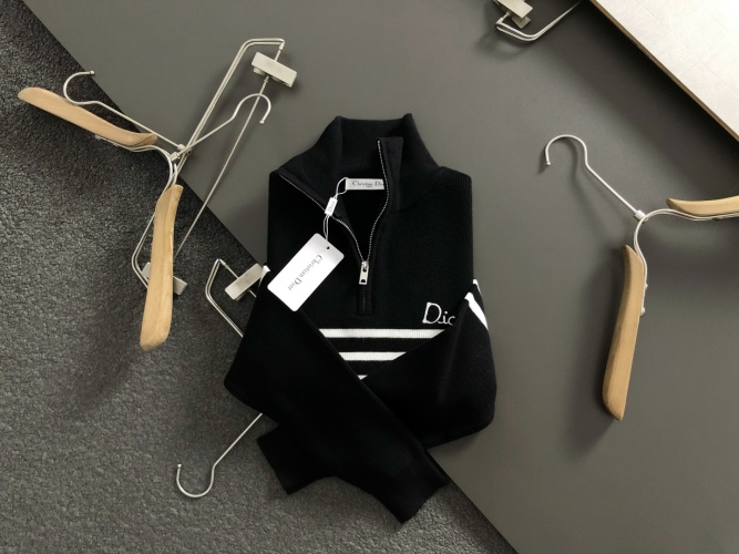 Christian Dior Men's Black Wool Blend Striped Half-Zip Mock Neck Sweater 1 Christian Dior Men's Black Wool Blend Striped Half-Zip Mock Neck Sweater