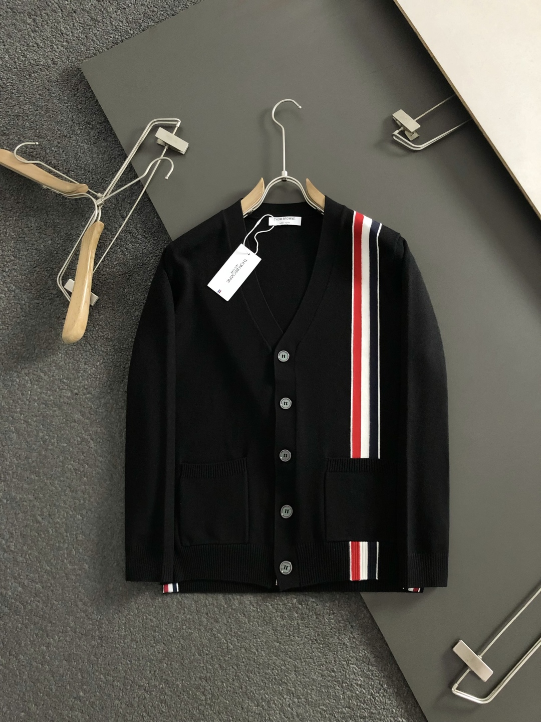 Thom Browne Men's Black Cardigan with Signature Stripe Detail - Slim Fit 3 cmp i1760544491466 479 0 8