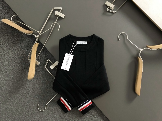 Thom Browne Men's Black Wool Sweater with Red, White, and Blue Stripes 1 Thom Browne Men's Black Wool Sweater with Red, White, and Blue Stripes