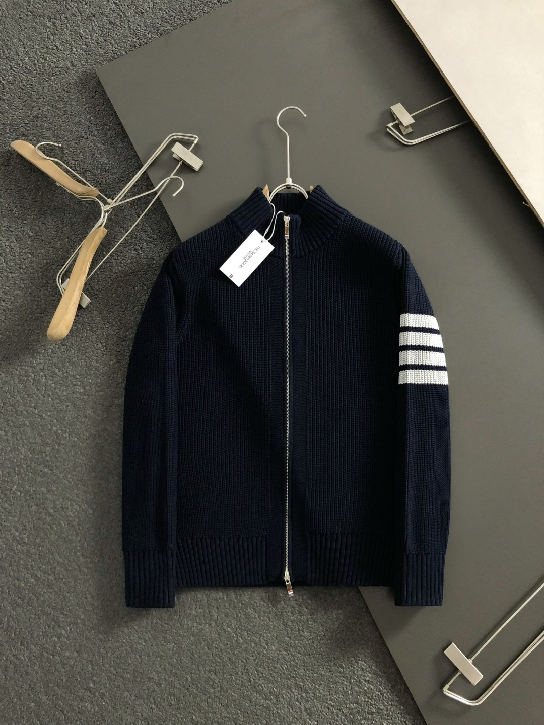 Men's Navy Blue Wool Blend Zip-Up Cardigan with Four-Bar Stripe Detail 3 cmp i1760639805880 7887 0 8