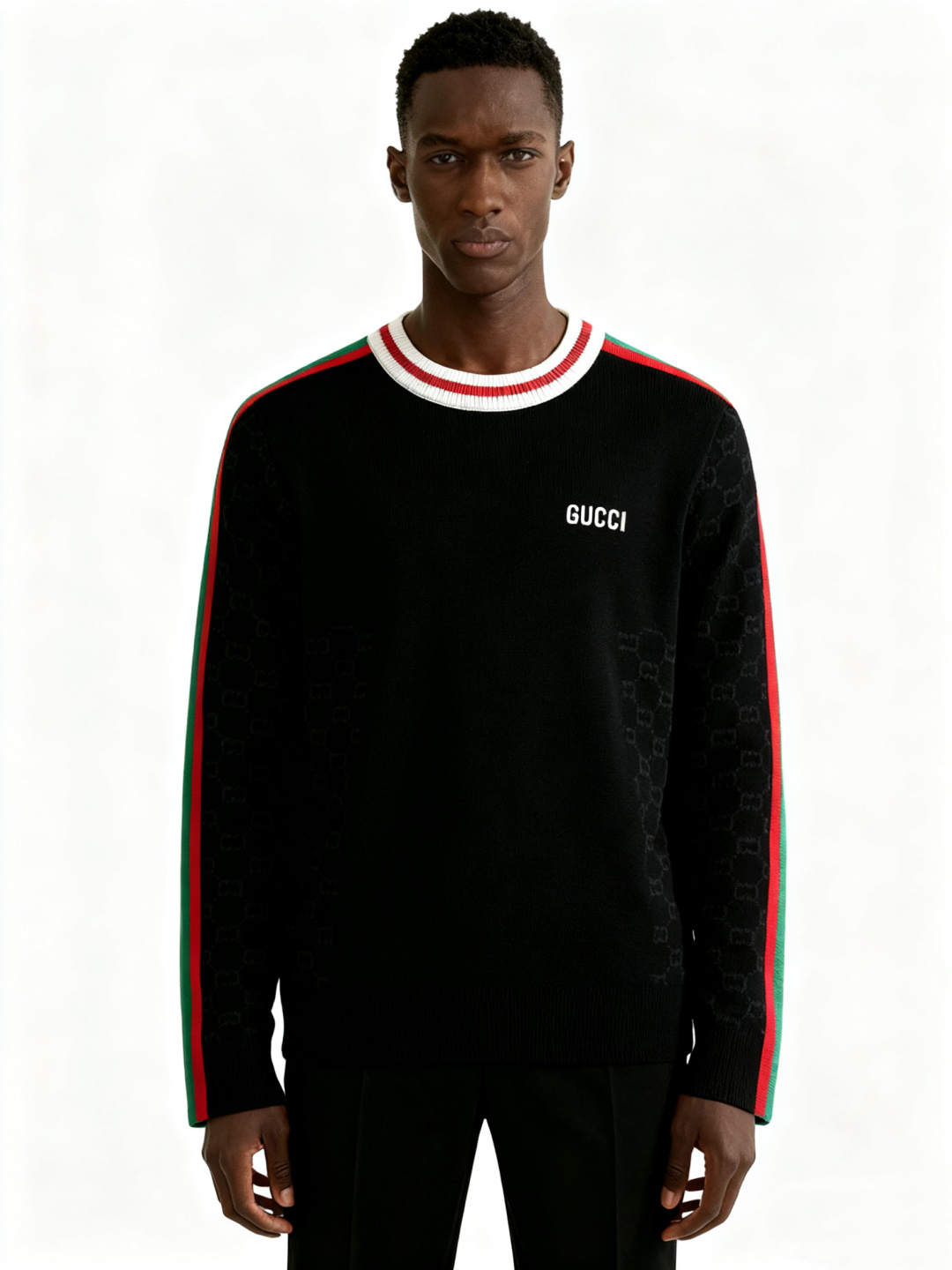 Gucc*合身版型M-XXXl2025秋冬潮牌圆领羊毛衫，以红绿提花多色融合点缀为主调，巧妙融入字母刺绣