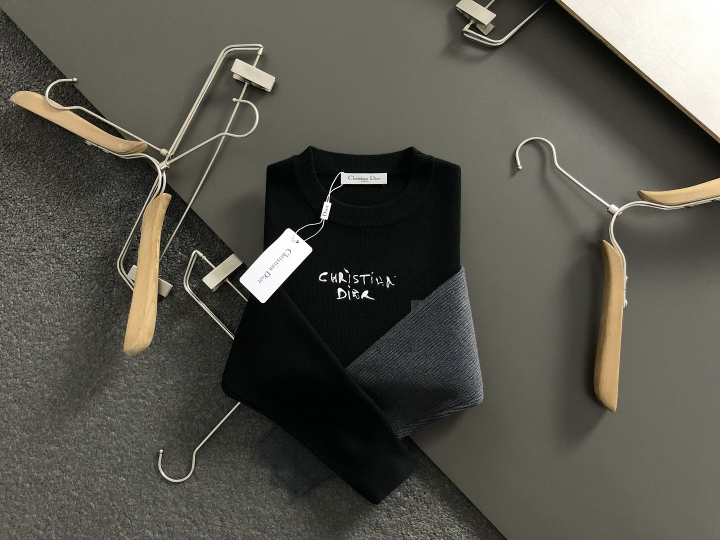 Dior Men's Black & Grey Wool Blend Sweater with Embroidered Logo