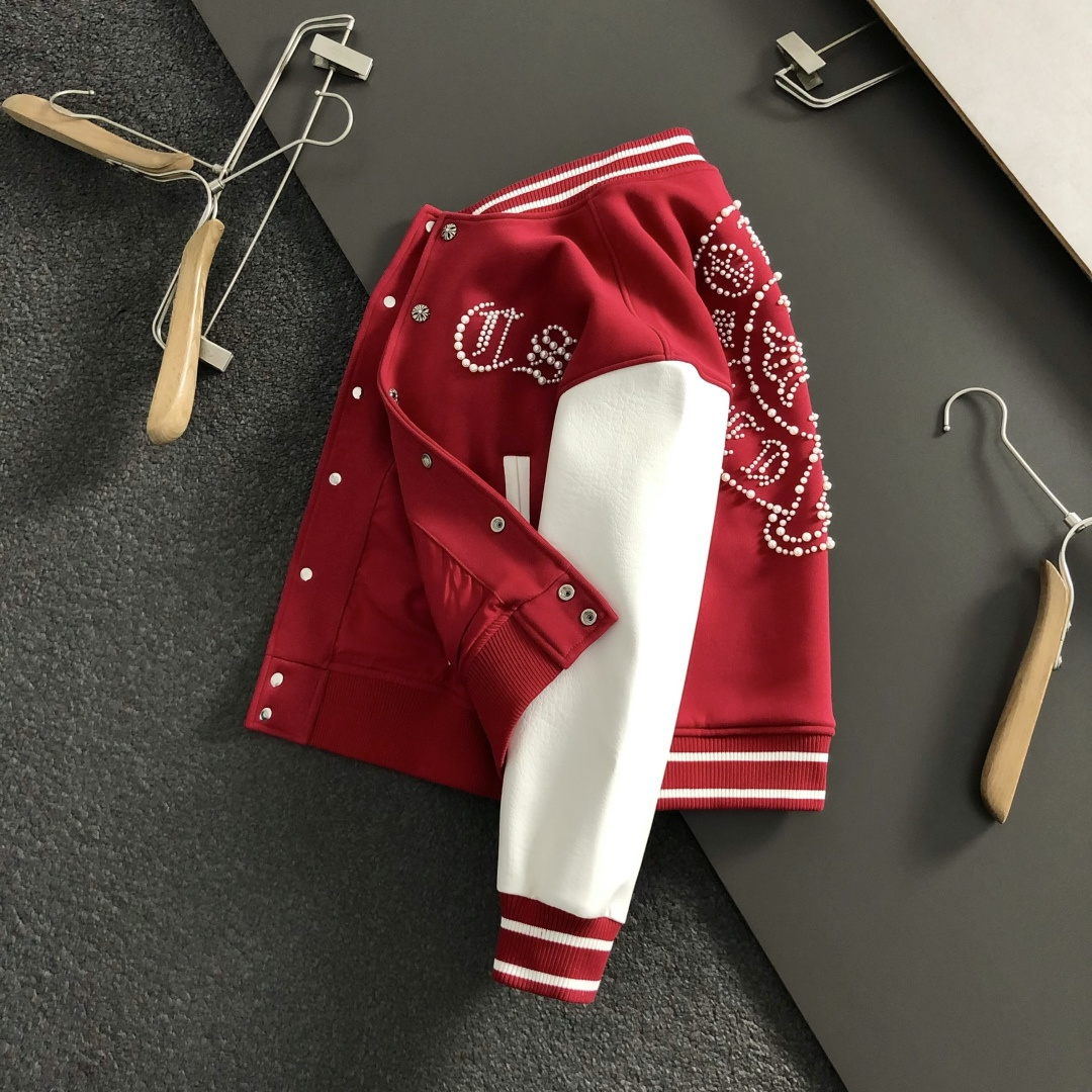 Stylish Varsity Jacket with Pearl Embellishments & Contrasting Sleeves