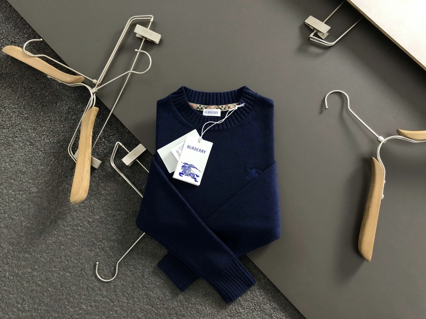 Burberry Fitted Round Neck Wool Sweater with Embroidered Knight Detail