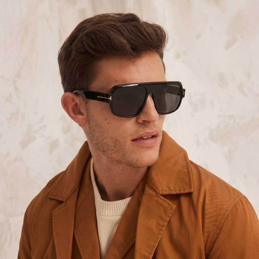Tom Ford TOM FORD 1101 以硬朗 的双梁飞行员造型诠释现代男性的阳刚魅力 亮面黑色板材勾勒出宽阔且极具力量感的镜框线条