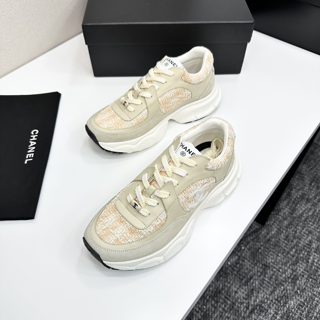 Chanel Women's Beige Tweed CC Logo Lace Up Sneakers Fashionable Design Shoes 7 cmp i1740162399841 4560 0 4