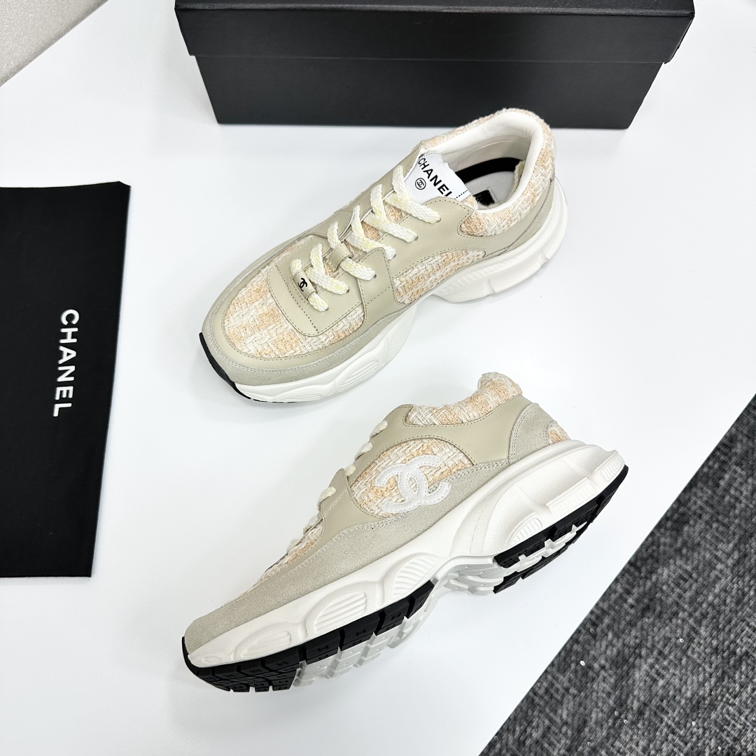 Chanel Women's Beige Tweed CC Logo Lace Up Sneakers Fashionable Design Shoes 1 Chanel Women's Beige Tweed CC Logo Lace Up Sneakers Fashionable Design Shoes