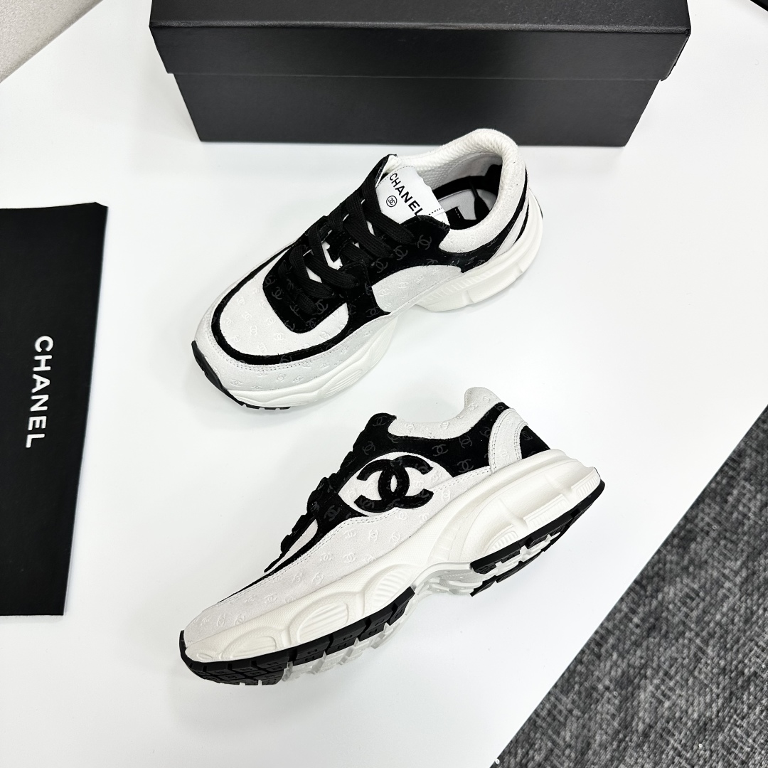Chanel Women's Sneakers White & Black Leather & Suede Lace-Up Sneakers 1 Chanel Women's Sneakers White & Black Leather & Suede Lace-Up Sneakers