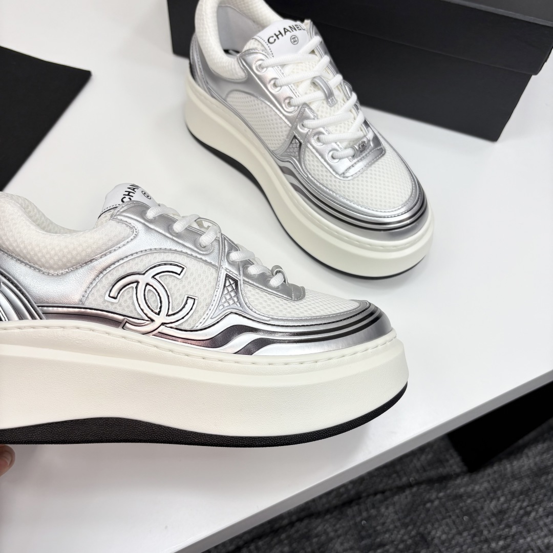 Chanel Women's Silver Leather and Mesh CC Logo Platform Sneakers 10 cmp i1745362155390 5420 0 8