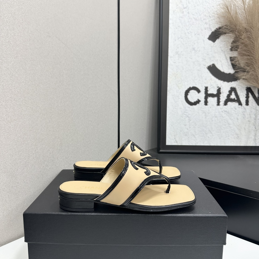 Chanel Beige CC Thong Slide Sandals