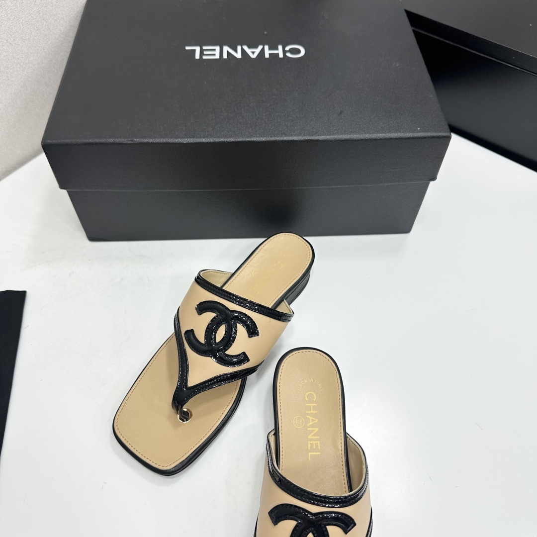 Chanel Beige CC Thong Slide Sandals
