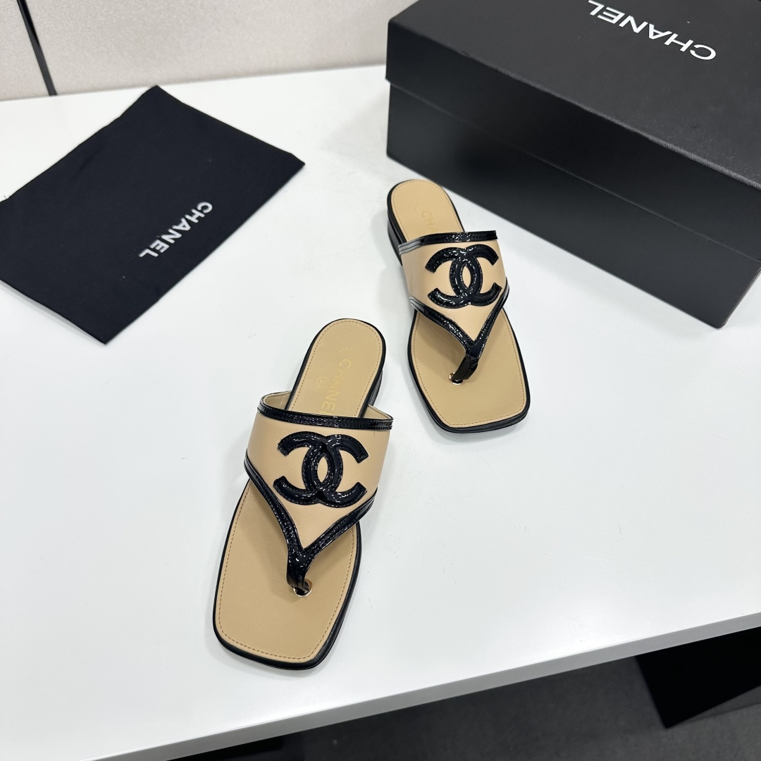 Chanel Beige CC Thong Slide Sandals