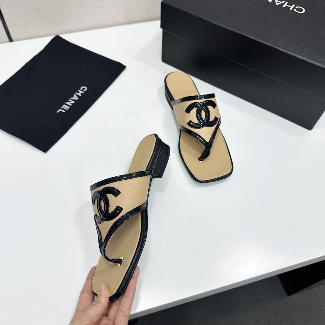 Chanel Beige CC Thong Slide Sandals
