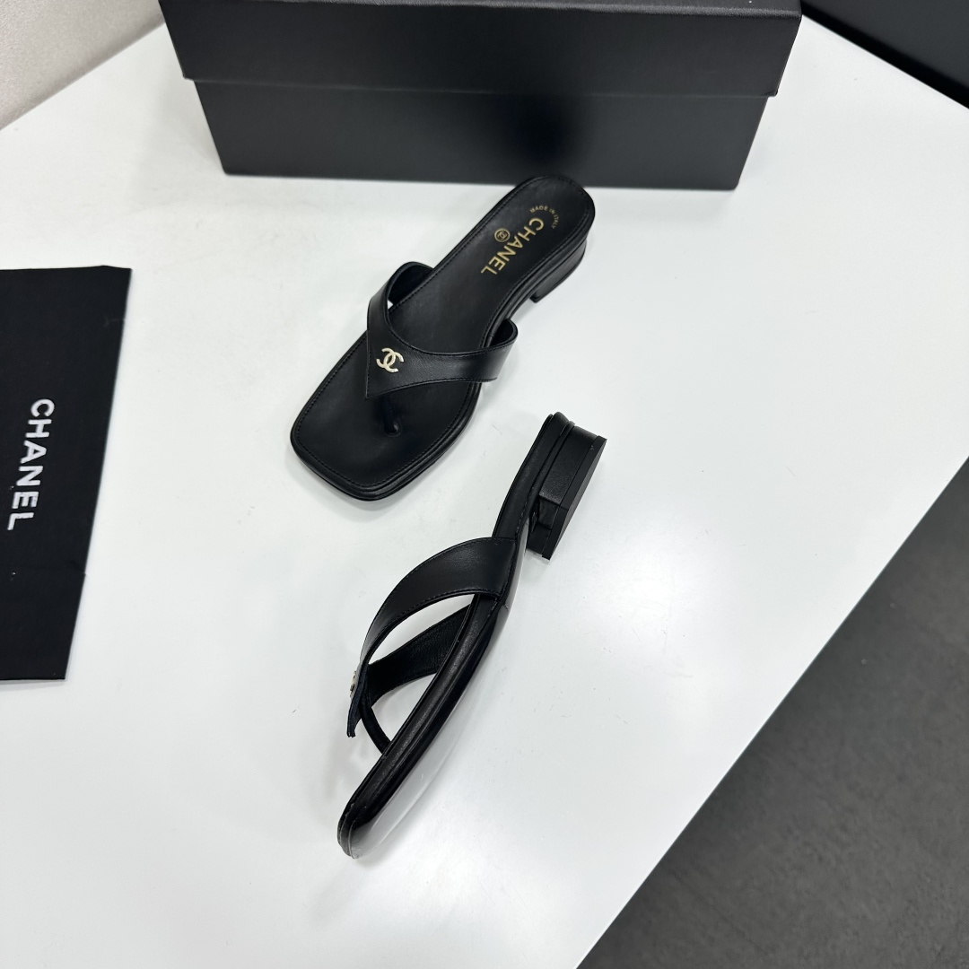 Chanel Black CC Thong Slide Sandals