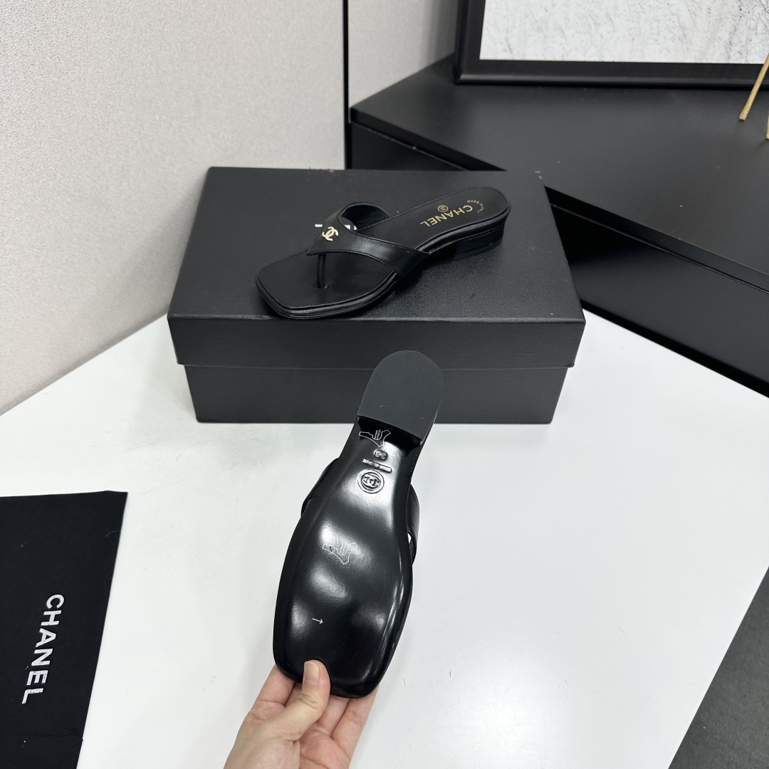 Chanel Black CC Thong Slide Sandals
