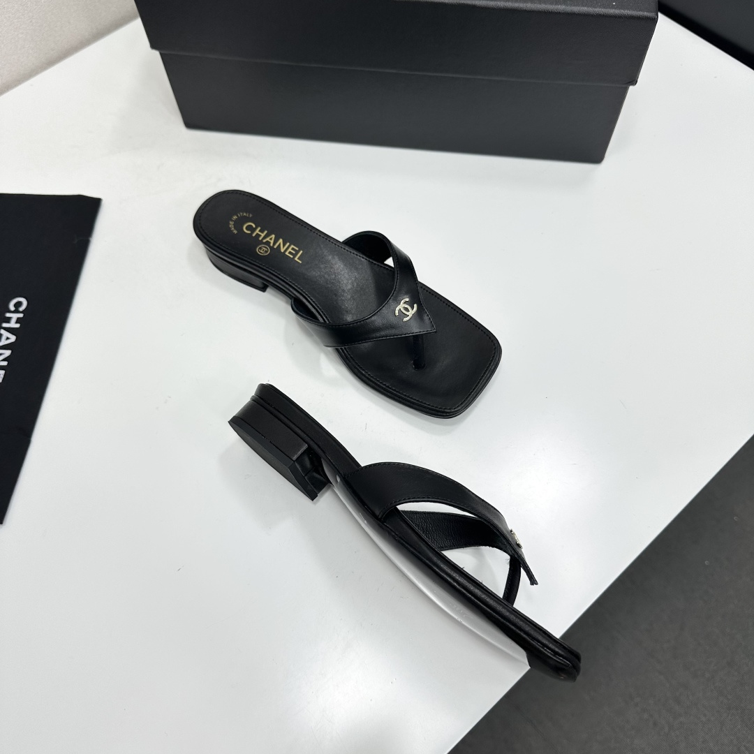 Chanel Black CC Thong Slide Sandals