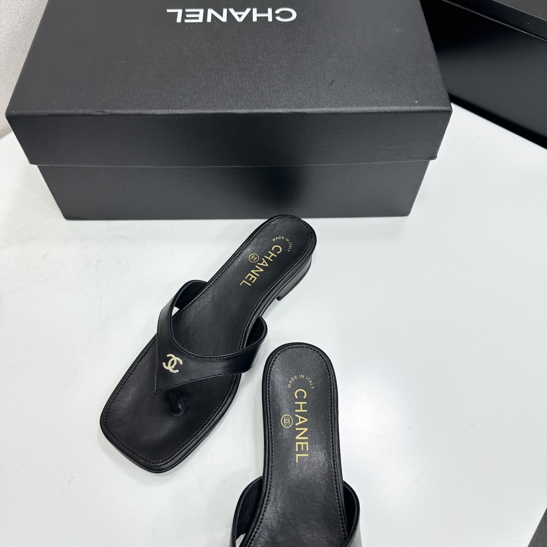 Chanel Black CC Thong Slide Sandals
