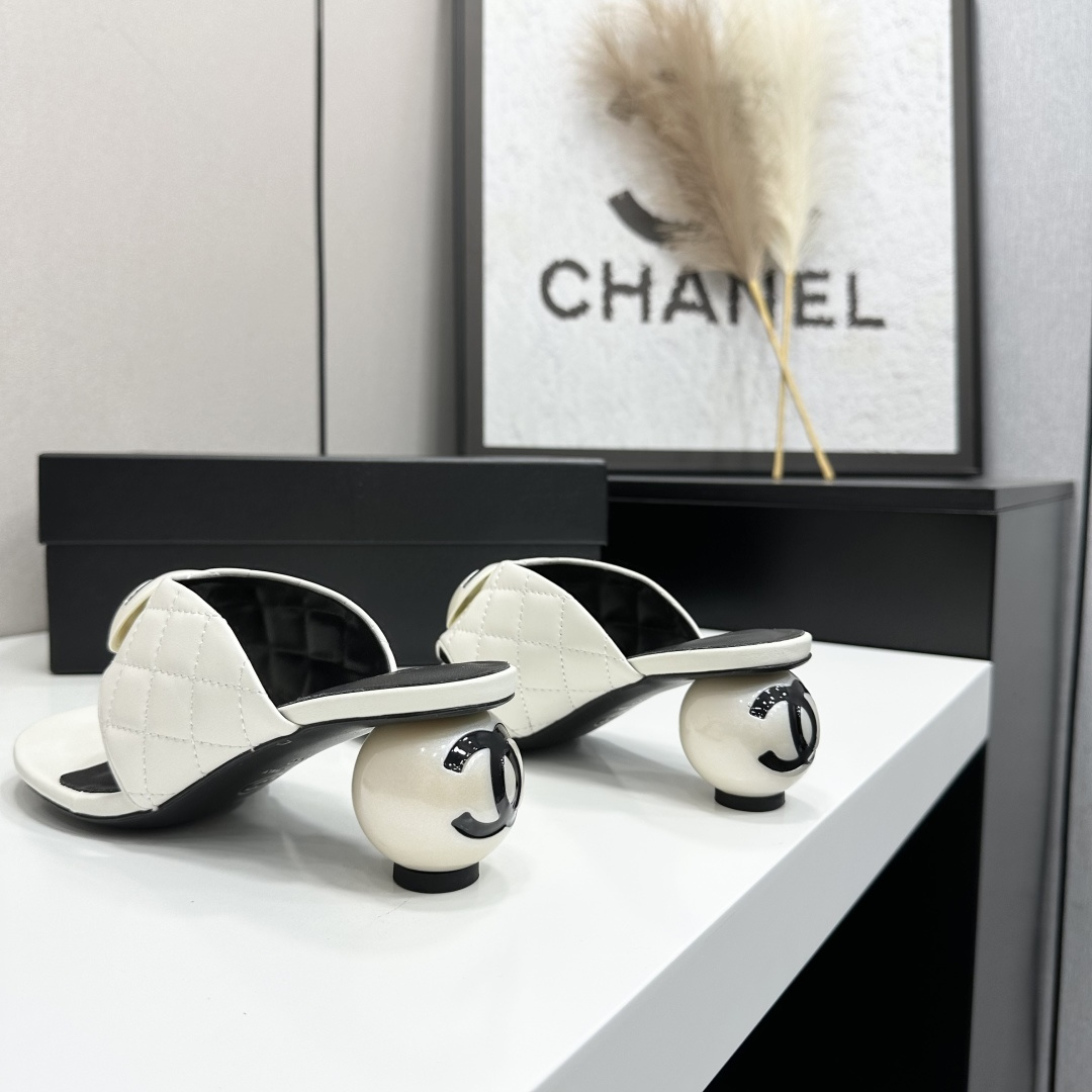 Chanel Quilted CC Ball Heel Thong Mules