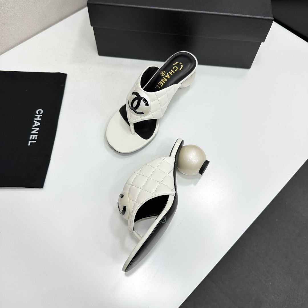 Chanel Quilted CC Ball Heel Thong Mules