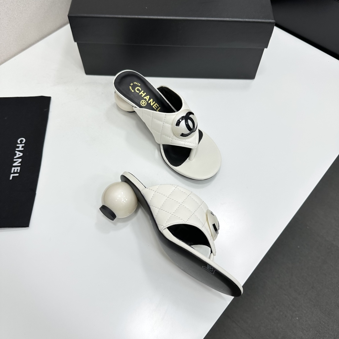 Chanel Quilted CC Ball Heel Thong Mules