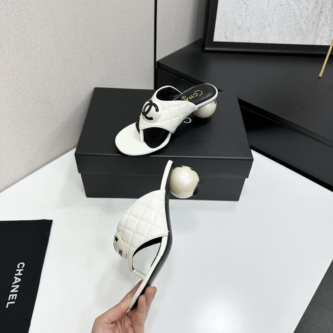 Chanel Quilted CC Ball Heel Thong Mules