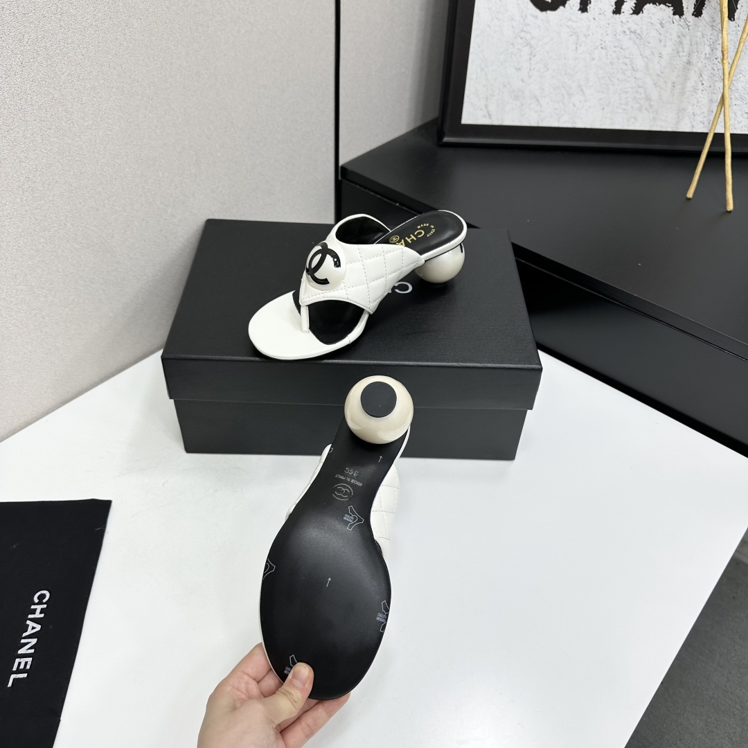 Chanel Quilted CC Ball Heel Thong Mules