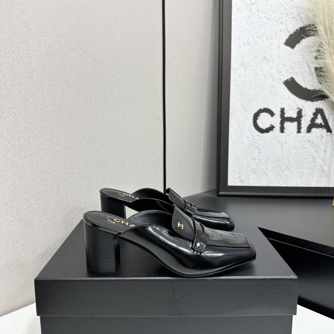 Black Block Heel Loafer Mules