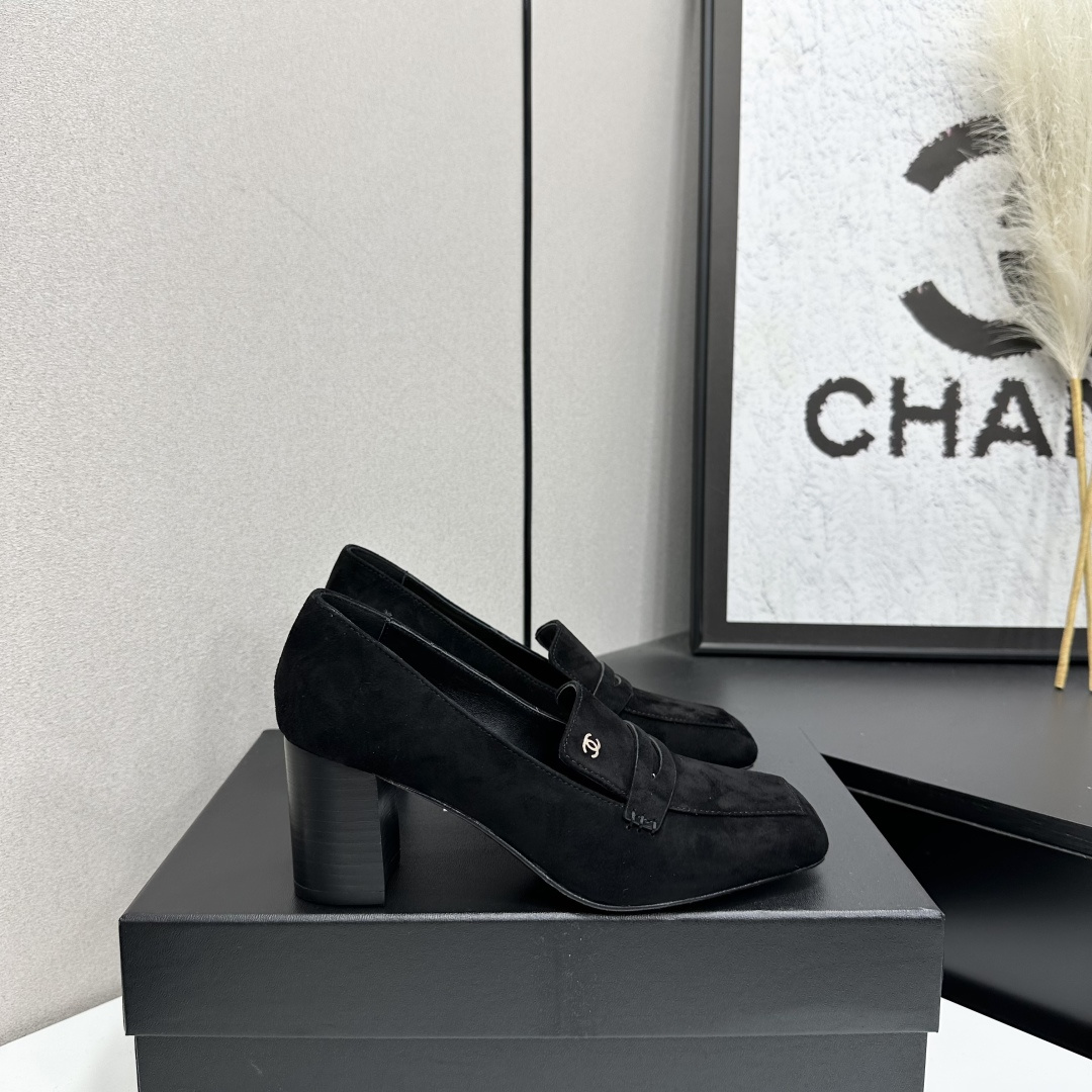 Black Block Heel Loafer Pumps