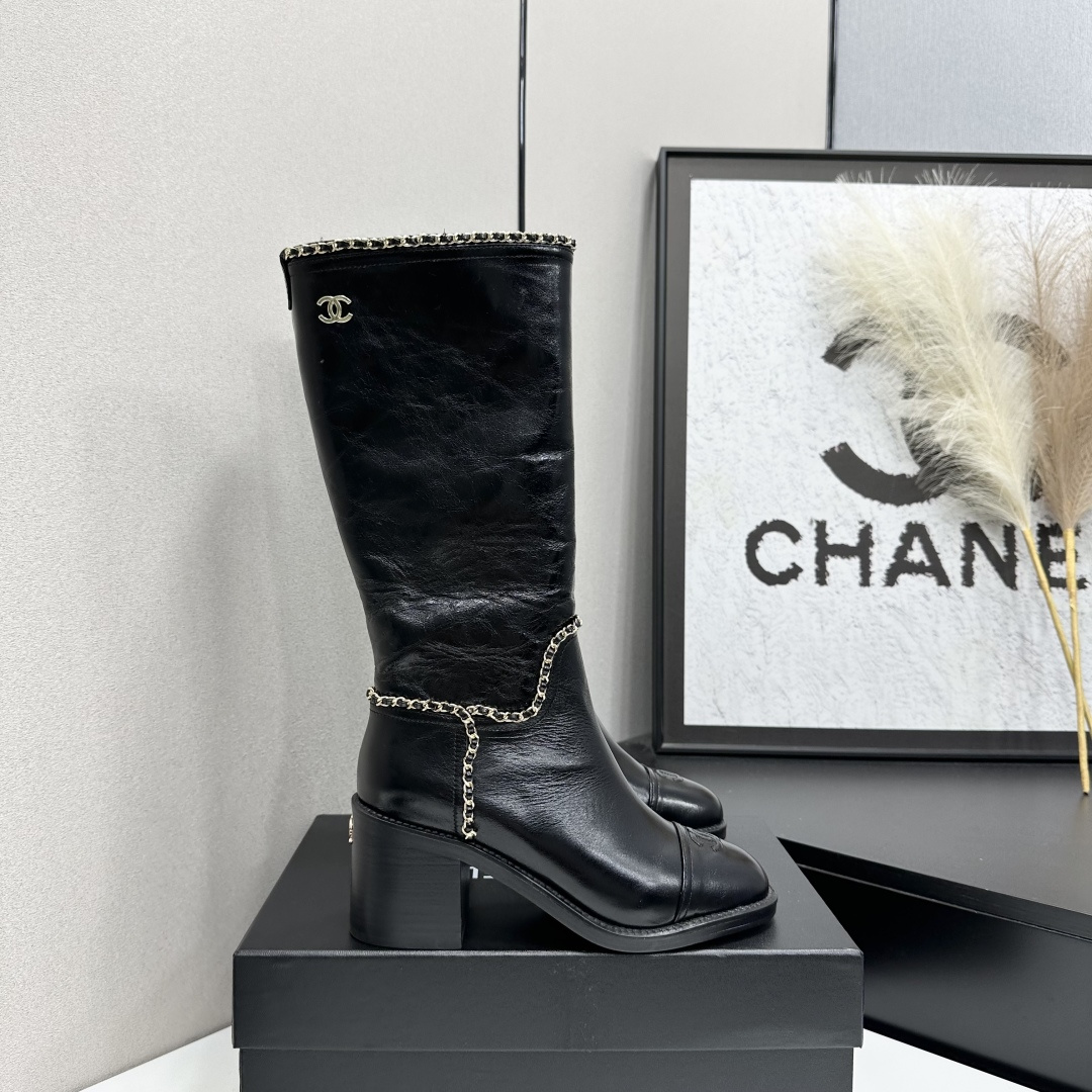Black Chain Trim Tall Boots