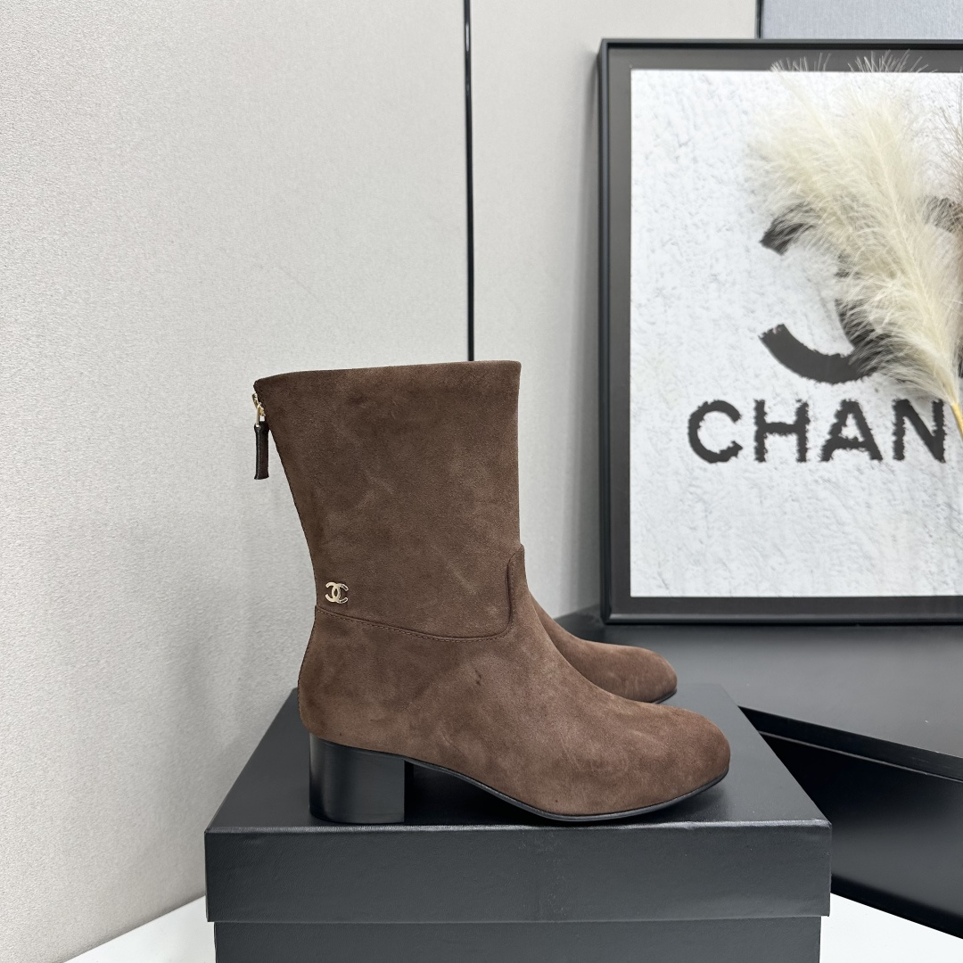 Chanel Brown Block-Heel Mid-Calf Boots