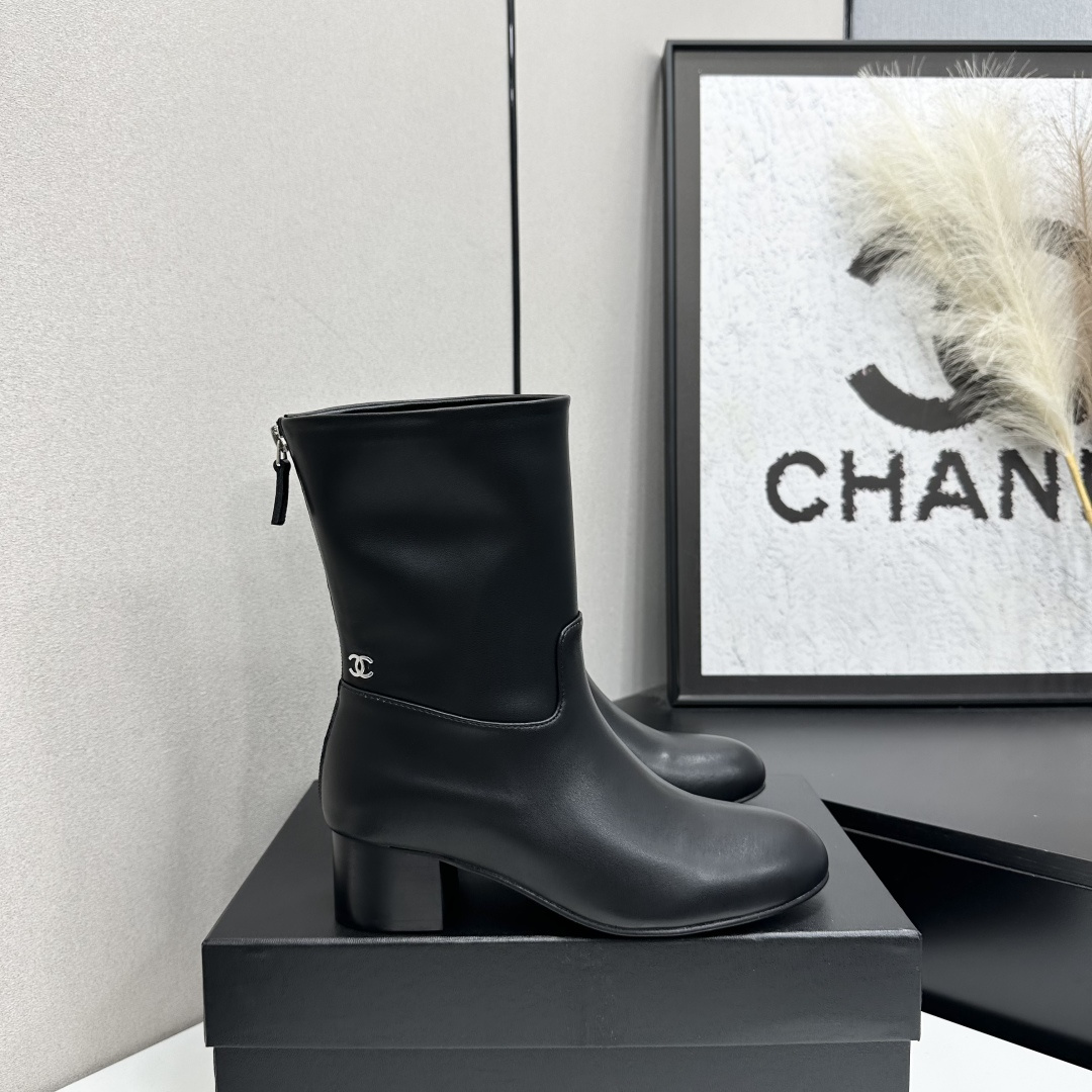 Chanel Black Block-Heel Mid-Calf Boots