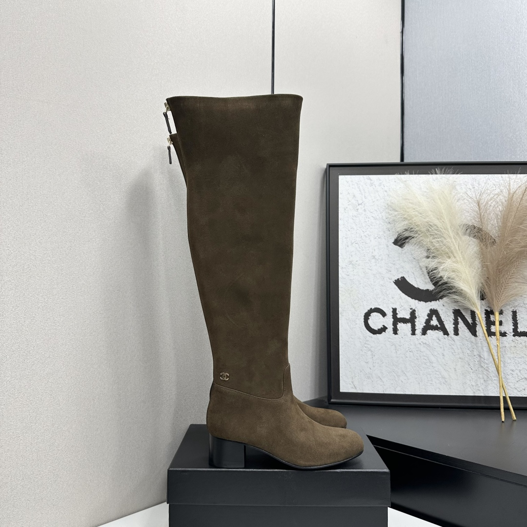 Chanel Brown Block-Heel Knee-High Boots