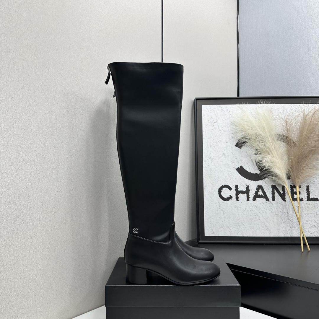Chanel Black Block-Heel Knee-High Boots