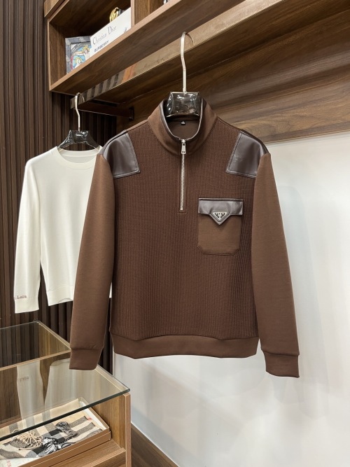 Prada Men's Brown Slim-Fit Knitted Pullover Sweater with Leather Details 26 Prada Men's Brown Slim-Fit Knitted Pullover Sweater with Leather Details