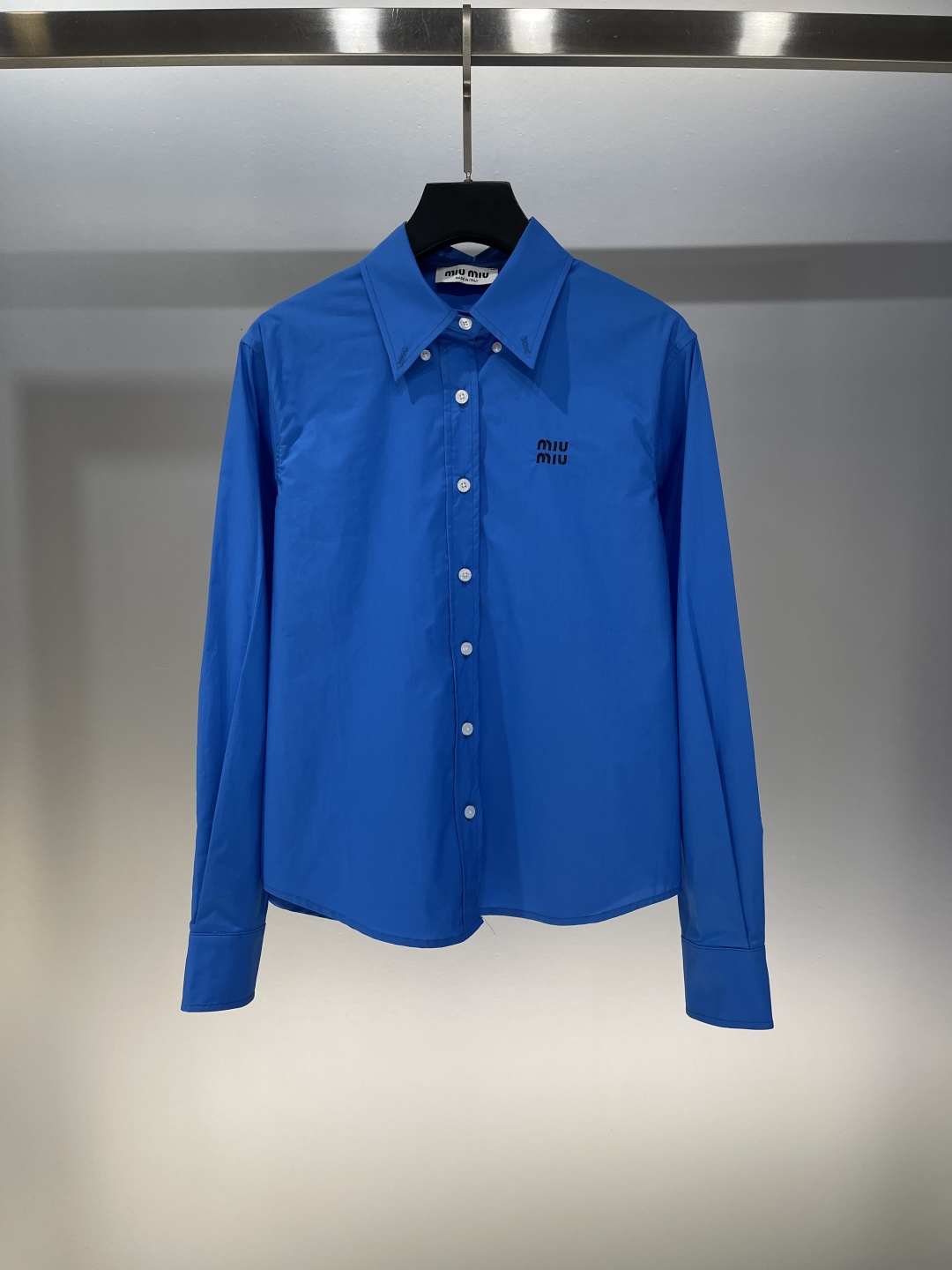 Miu Miu Women's Blue Long Sleeve Shirt with Embroidered Logo, Sizes 36-40