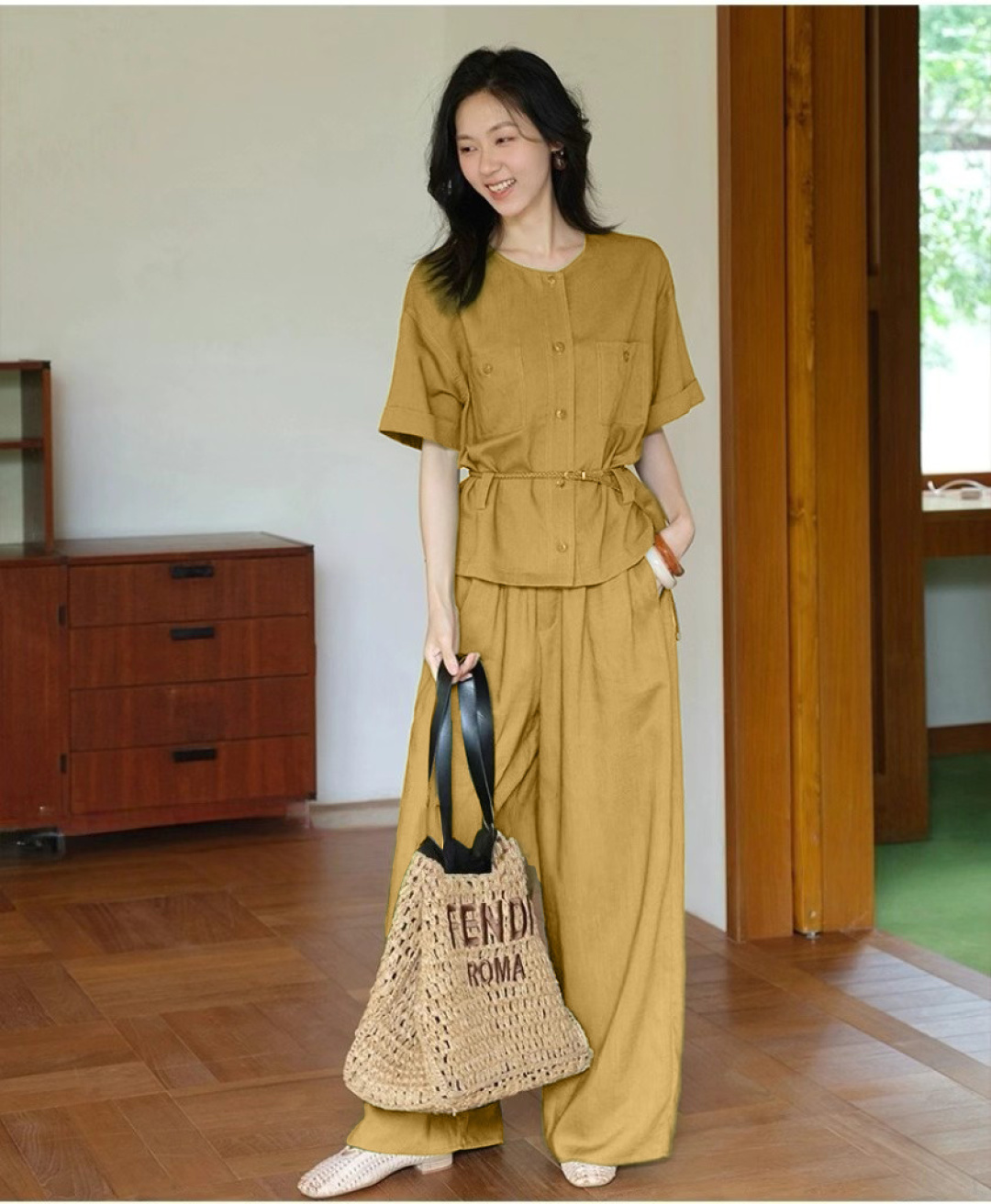“High-Quality Women’s Suit Support: Fermented Ash, Short Sleeves, Belt, SMLXL” - 图片 1