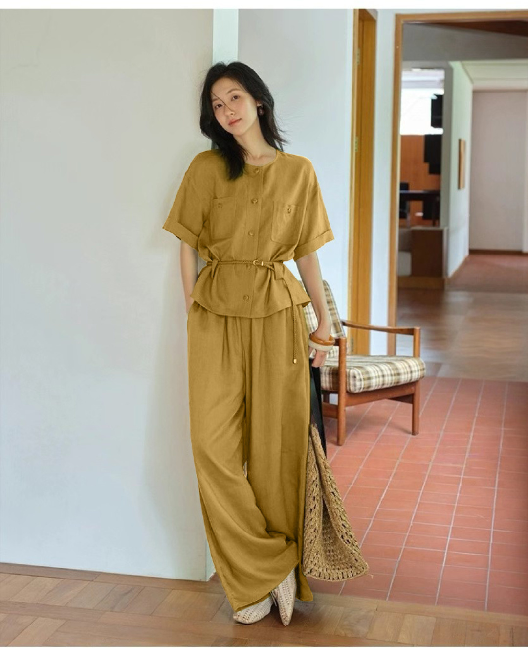 “High-Quality Women’s Suit Support: Fermented Ash, Short Sleeves, Belt, SMLXL” - 图片 2