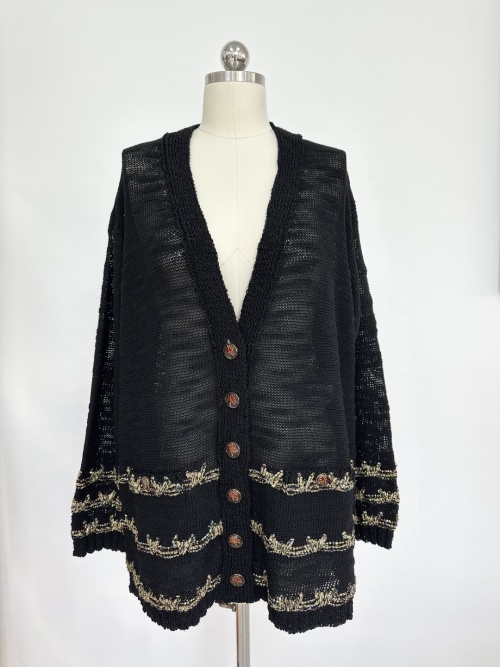 Elegant Gold Thread Knit Cardigan, Button-Down, Long Sleeve, German Machine Craft 1 Elegant Gold Thread Knit Cardigan, Button-Down, Long Sleeve, German Machine Craft
