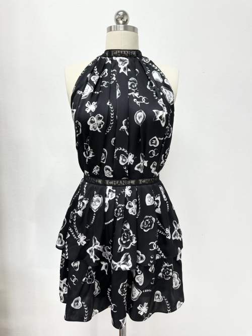 Chanel Black Silk Halter Neck Mini Dress with Bow and Clover Print 1 Chanel Black Silk Halter Neck Mini Dress with Bow and Clover Print