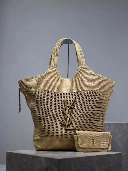 Yves Saint Laurent Icare Raffia Woven Shopping Bag – French Style & Spacious 1 Yves Saint Laurent Icare Raffia Woven Shopping Bag – French Style & Spacious