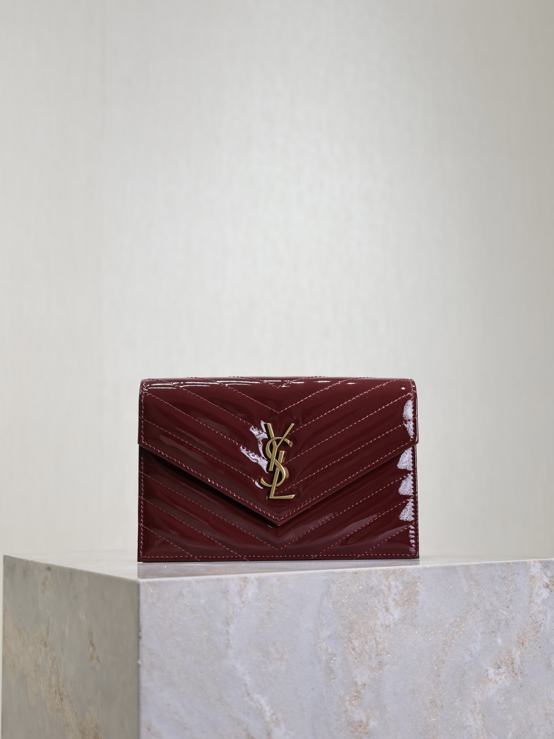 Yves Saint Laurent WOC Small Envelope Bag Burgundy Patent Leather Gold-Tone Hardware