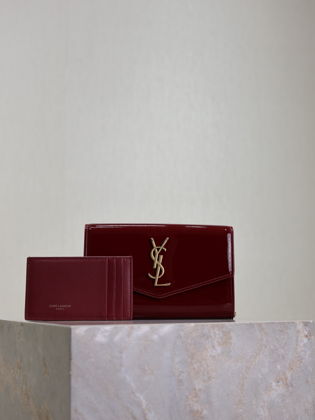 Saint Laurent Uptown Mini Envelope Bag in Red Patent Leather with Card Holder