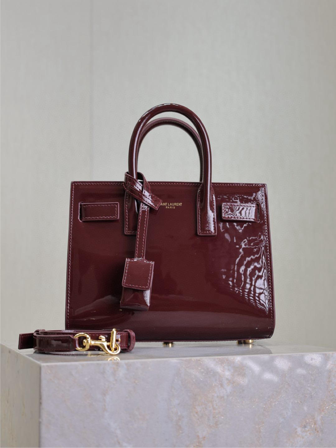 Saint Laurent Sac De Jour Burgundy Patent Leather Top Handle Bag